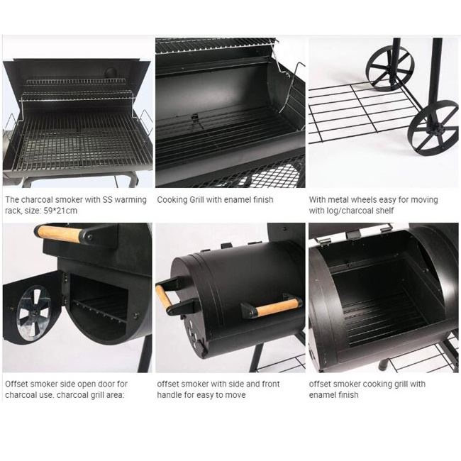 YOHO Outdoor Large Backyard Party Garden Trolley  BBQ Grills Wood Fuel Steel Charcoal Smoker