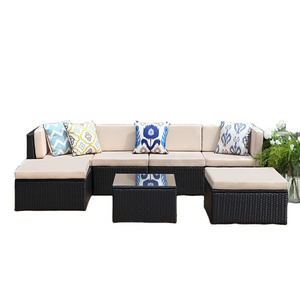 Customizable 7-Piece Aluminum PE Rattan Outdoor Patio Set Sectional Corner Sofa Tea Table Cushions Dining Furniture LOGO Imprint