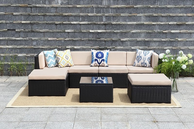 Yoho In Stock L shape PE wicker rattan garden sofa sets KD 8 Seater Steel sectional garden sofa sets