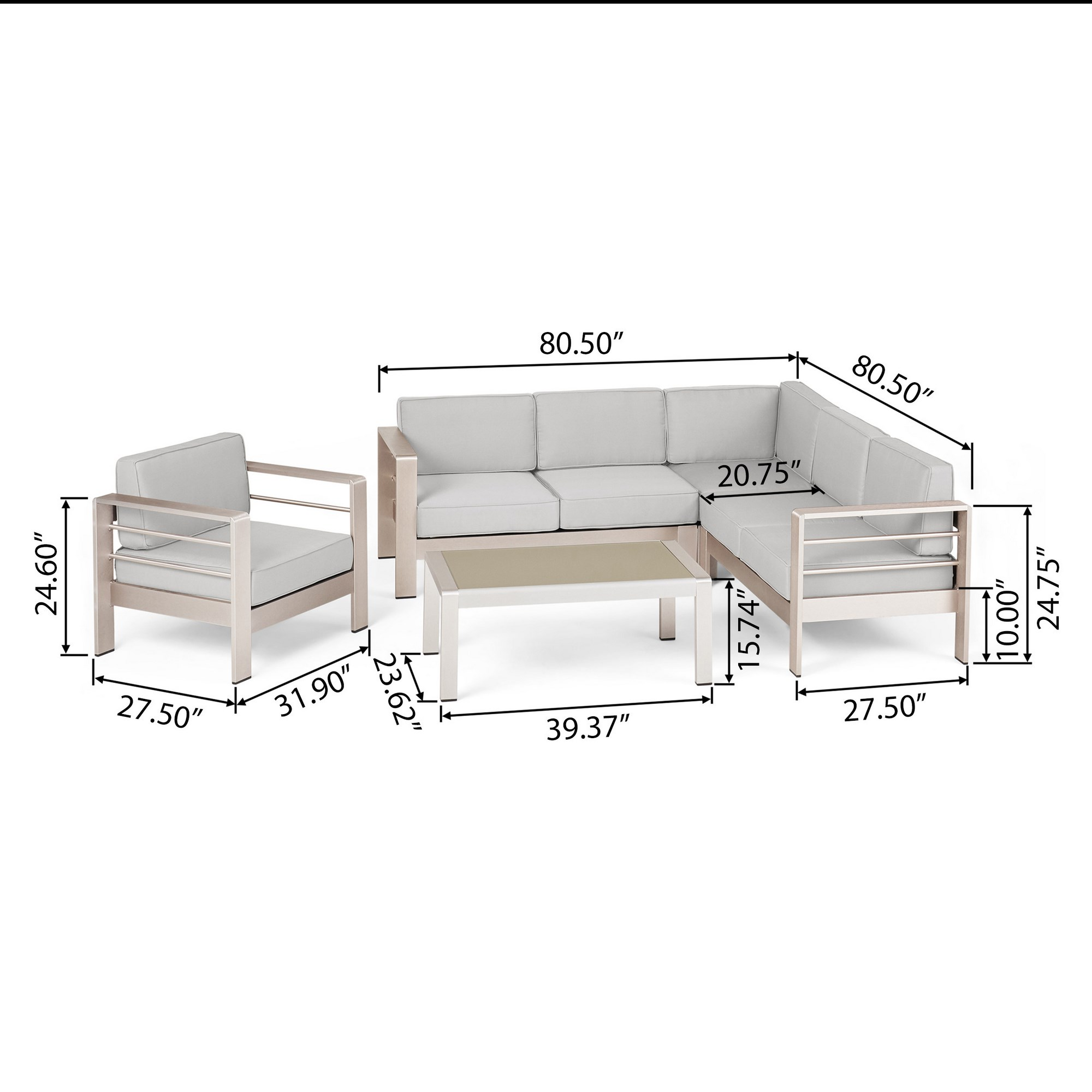 Yoho Outdoor Aluminum 5 Piece Sofa Set 6 Seater Sectional Garden Sofa