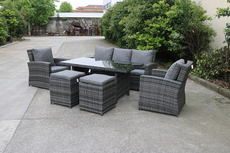 Yoho 6 pieces modern outdoor garden furniture set all weather combination PE rattan dining sofas with 2 stools