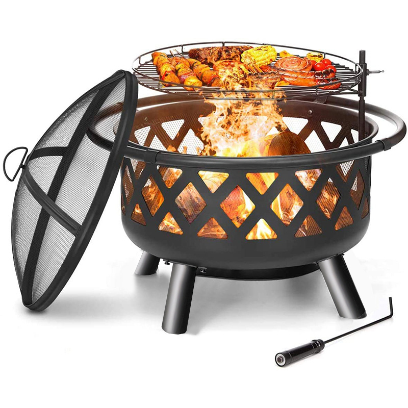 YOHO Big Round Fire Pit With BBQ Grill 76cm Metal Wood Burning Firepit For Garden Patio