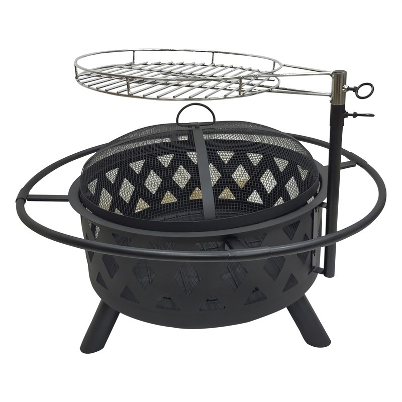 YOHO Big Round Fire Pit With BBQ Grill 76cm Metal Wood Burning Firepit For Garden Patio