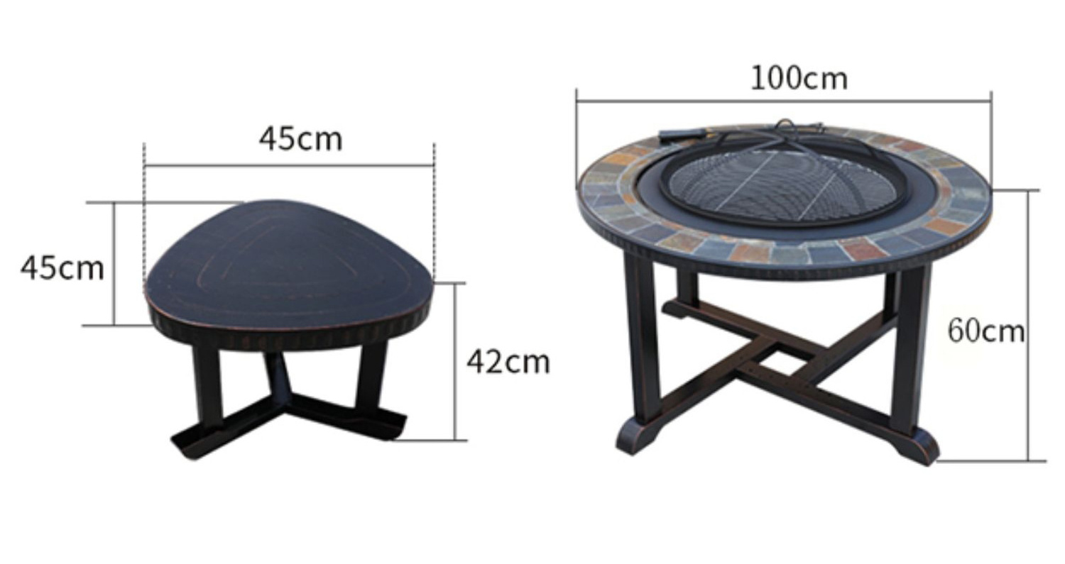 YOHO 5-Piece Modern Outdoor Steel Fire Pit Dining Set for Family Gatherings & BBQ Grilling with Slate Table Top and Chair