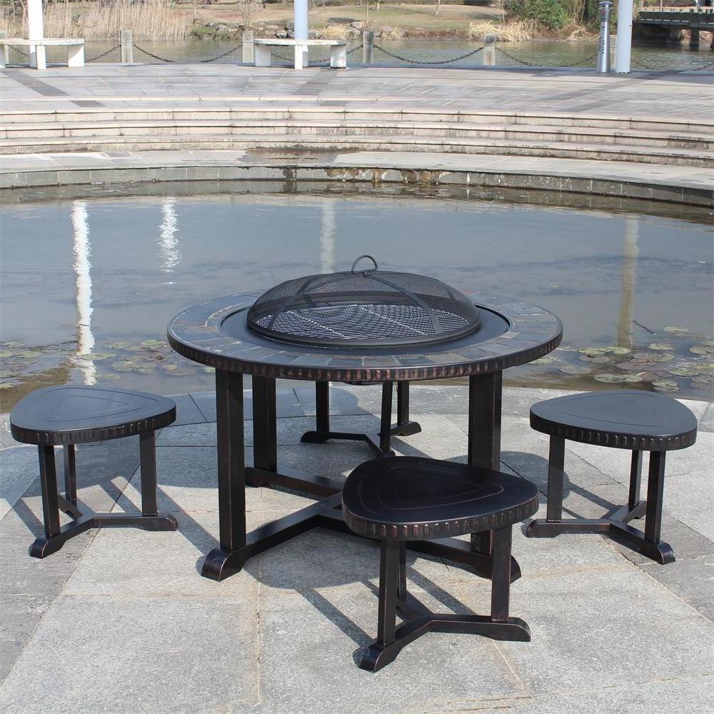 YOHO 5-Piece Modern Outdoor Steel Fire Pit Dining Set for Family Gatherings & BBQ Grilling with Slate Table Top and Chair