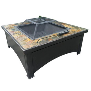 Square tile top brazier table trolly cart fire pit with wheel