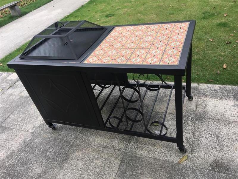 Square tile top brazier table trolly cart fire pit with wheel