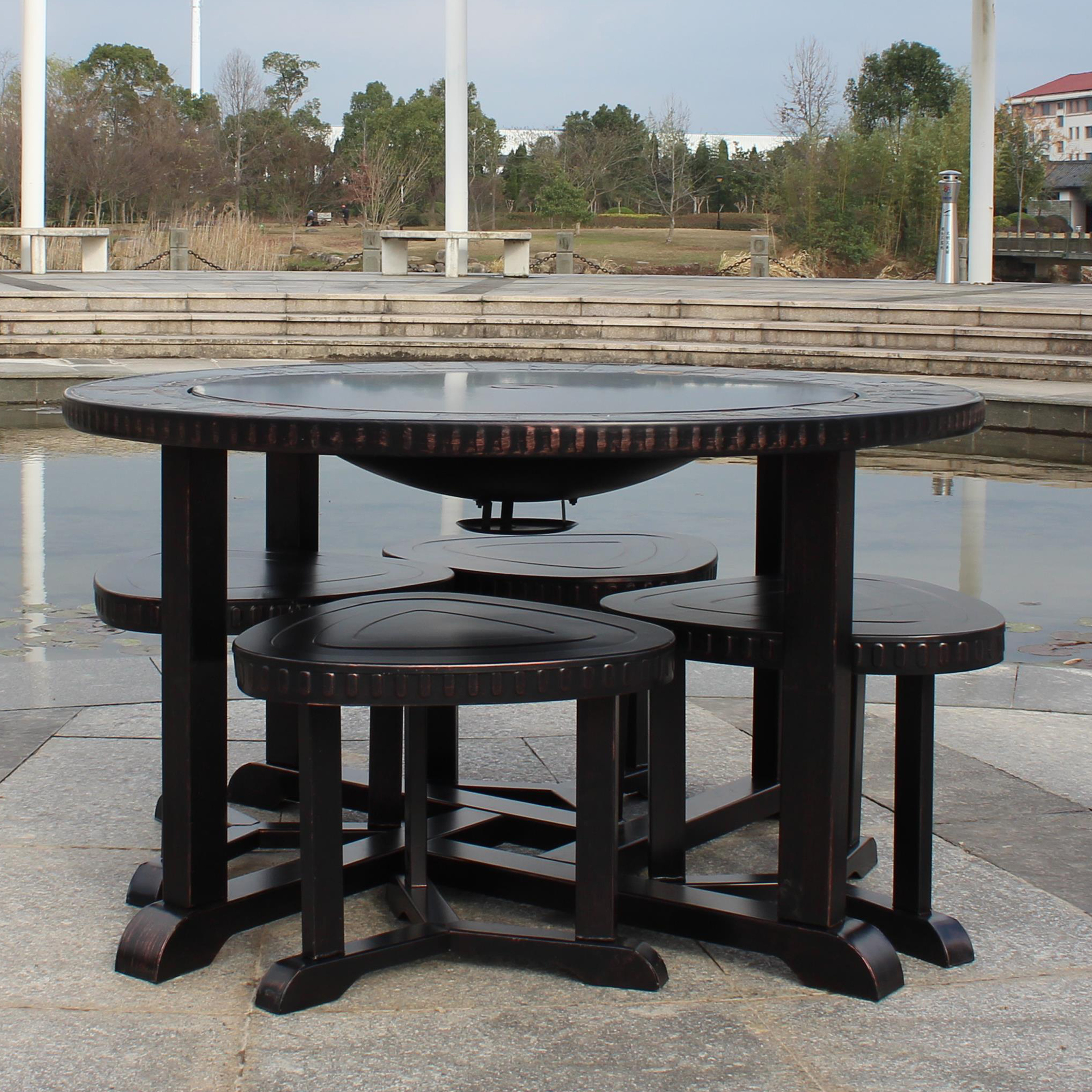 YOHO 5-Piece Modern Outdoor Steel Fire Pit Dining Set for Family Gatherings & BBQ Grilling with Slate Table Top and Chair