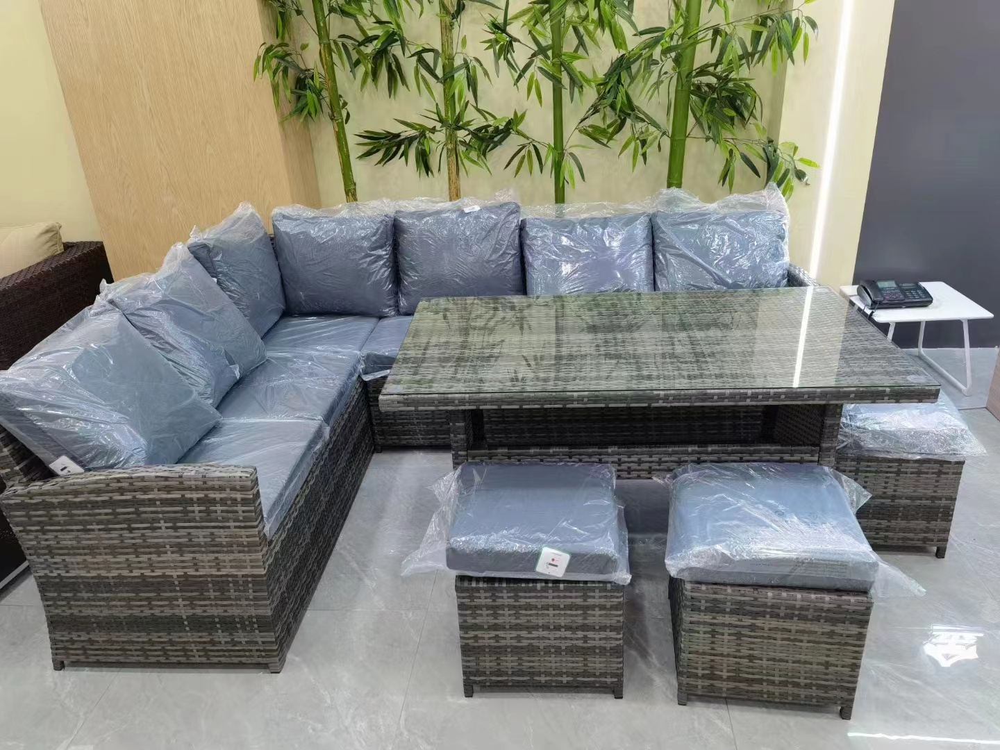 YOHO Garden Patio Backyard Rattan Sofa Furniture PE Wricker L Shaped Section Sofa Set with Table Cheap Wholesale Outdoor 7pcs