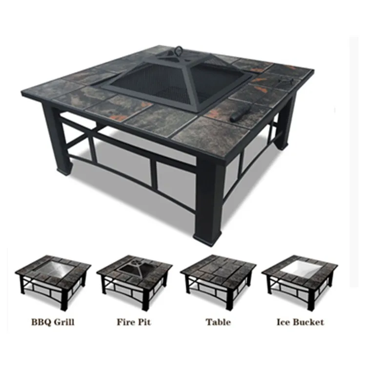 Steel rectangle fire pit table cart tile table top fireplace with grill net outdoor charcoal fire pit table