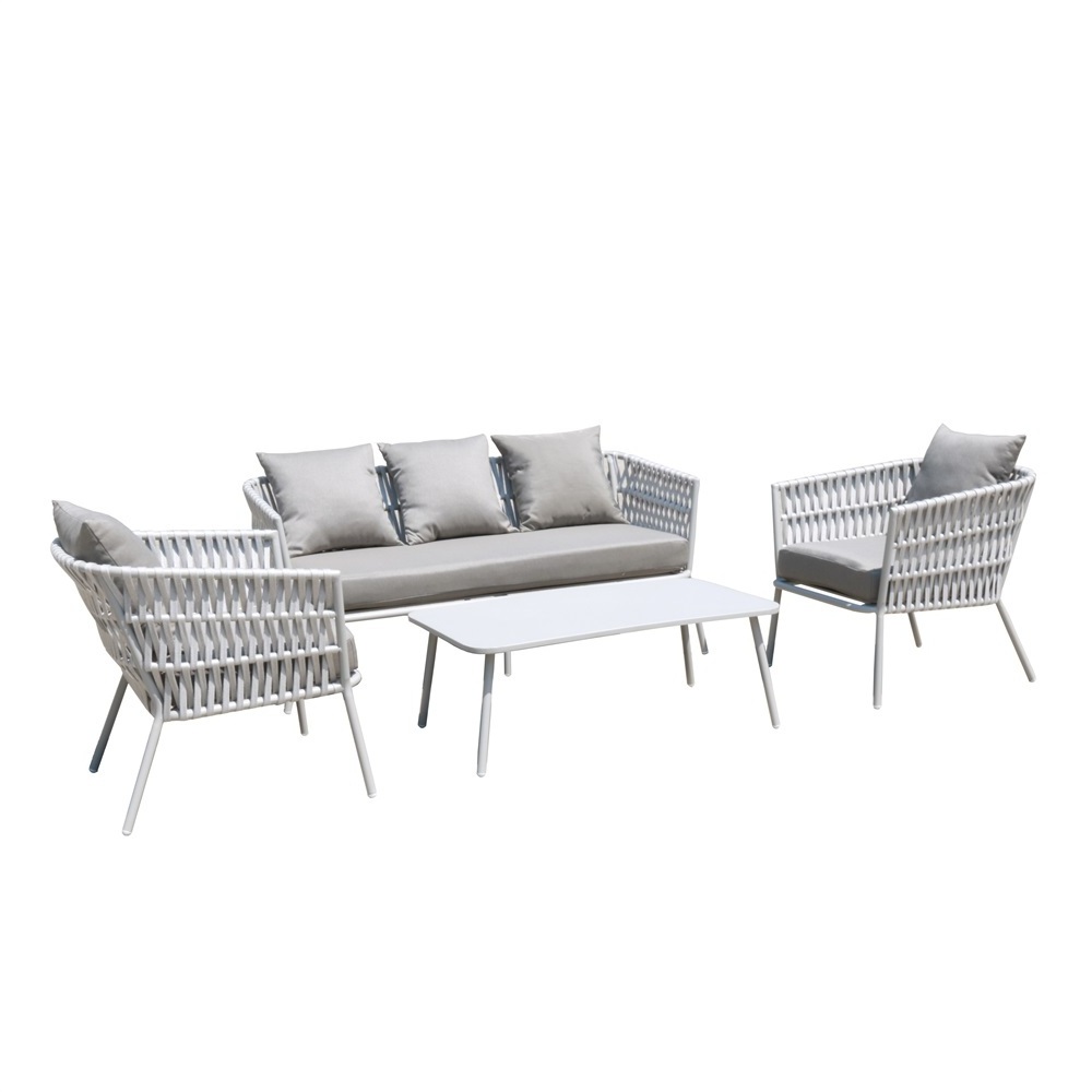 luxury white outdoor furniture 4 pcs patio aluminum polyester braided rope chair sofa set