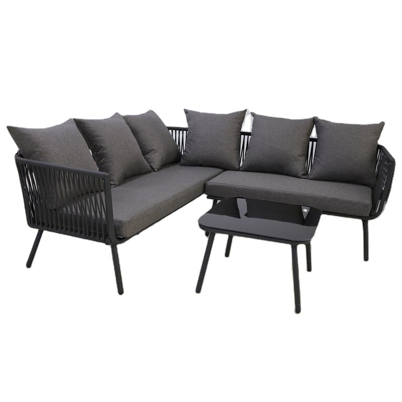 Modern L-Shape Steel Frame Sofa Set Simple Garden Patio Outdoor Leisure Furniture with Tempered Glass Table and Rattan Material