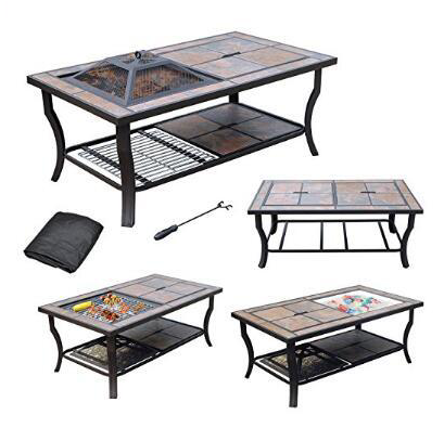 Steel rectangle fire pit table cart tile table top fireplace with grill net outdoor charcoal fire pit table