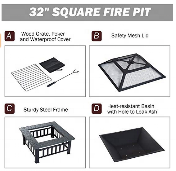 Hot sale 4 in 1 Muti-Fuctional fire pit Table Outdoor Patio Yard Garden Metal Fire Pit with BBQ Grill  Chicken Roast Rack Fire B