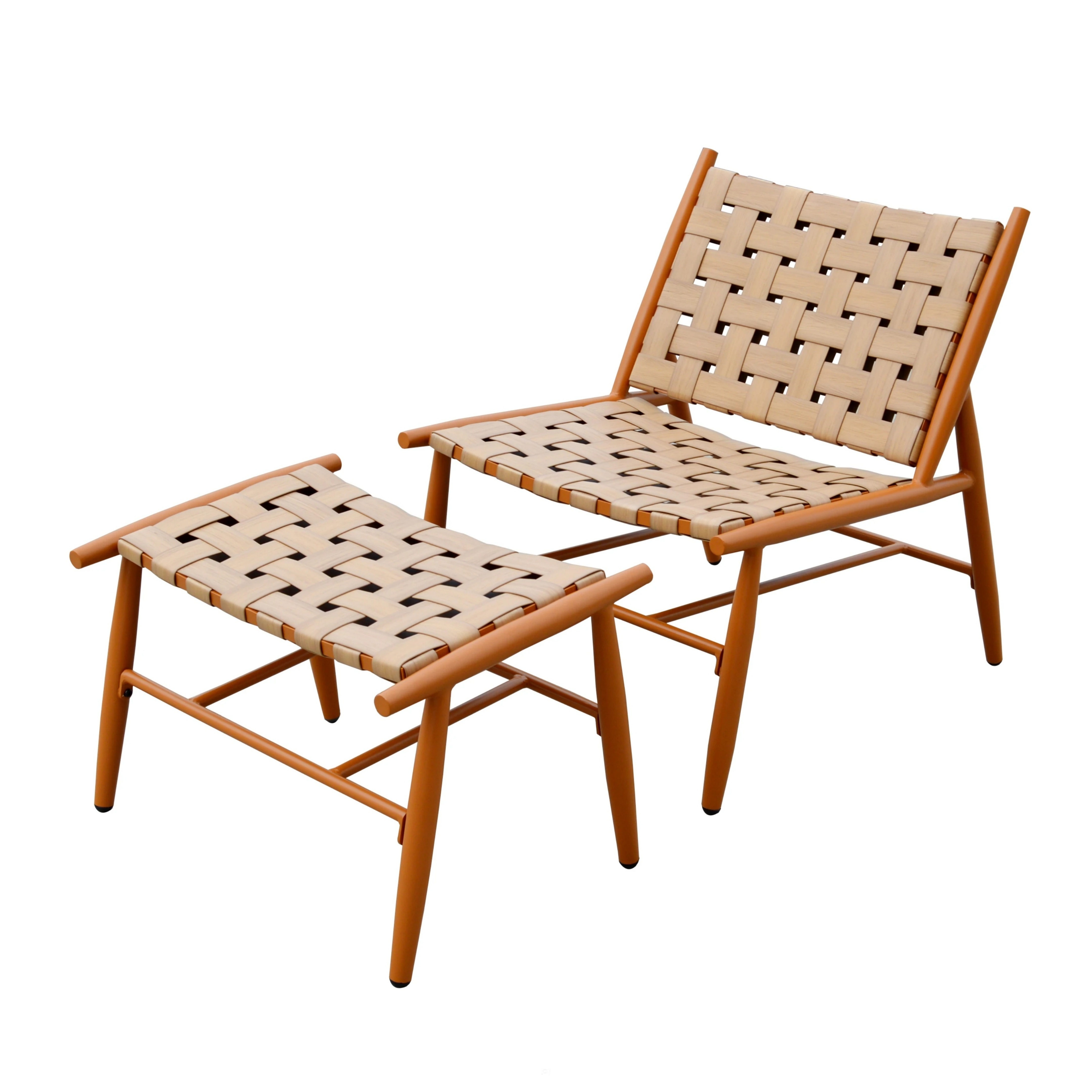 Outdoor Garden Balcony Chair with stool set Brown belt weaved  chair and ottoman 2-piece leisure chair set