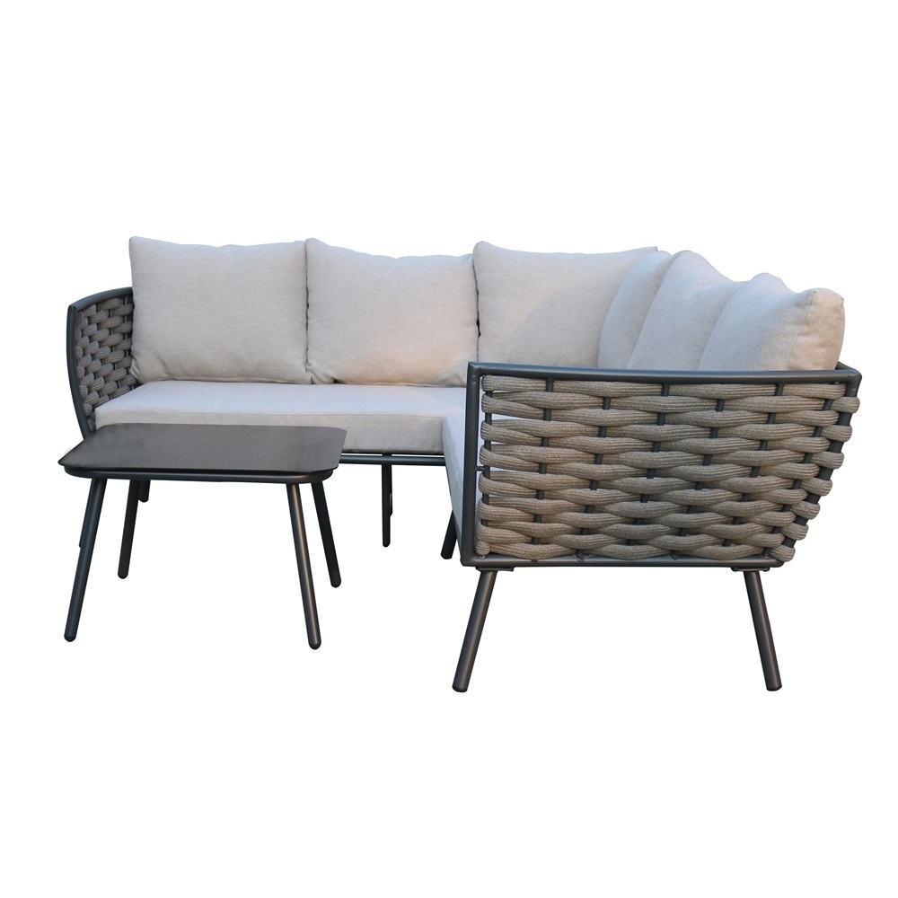 Modern L-Shape Steel Frame Sofa Set Simple Garden Patio Outdoor Leisure Furniture with Tempered Glass Table and Rattan Material