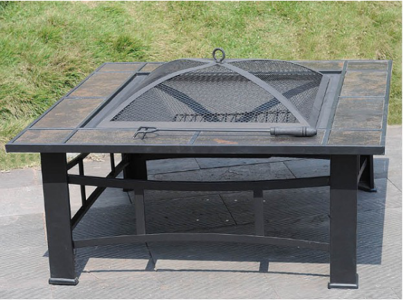 Square Metal Fire Pit with Wood Burning Log Store Iron Table Cover for Outdoor BBQ Grill in Garden for Backyard Camping Picnics