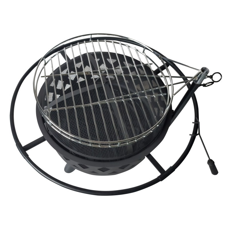 YOHO Big Round Fire Pit With BBQ Grill 76cm Metal Wood Burning Firepit For Garden Patio