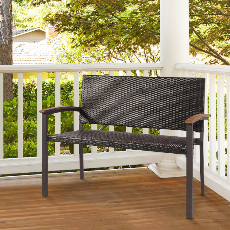 Yoho Outdoor Patio Rattan Wicker Bench with Armrest for Garden