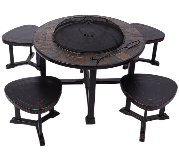 YOHO 5-Piece Modern Outdoor Steel Fire Pit Dining Set for Family Gatherings & BBQ Grilling with Slate Table Top and Chair