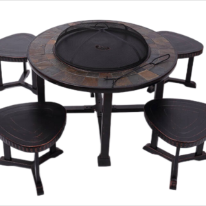 YOHO 5-Piece Modern Outdoor Steel Fire Pit Dining Set for Family Gatherings & BBQ Grilling with Slate Table Top and Chair