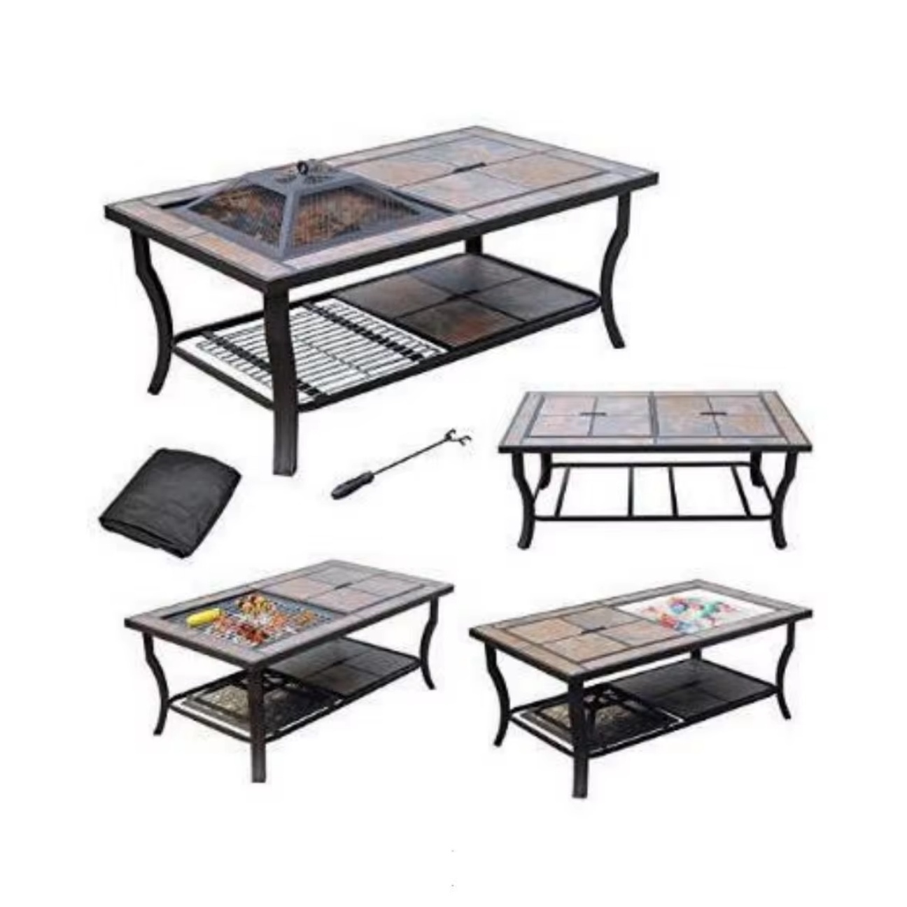 Steel rectangle fire pit table cart tile table top fireplace with grill net outdoor charcoal fire pit table