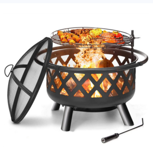 Outdoor Fire Pit Big Round Fire Bowl Garden Patio Heater BBQ Grill Round Firepit with Cooking Grate Metal Tile Table Top