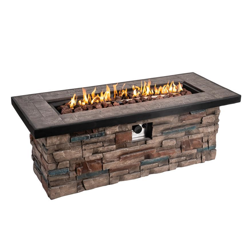 Rectangle Gas Fire Pit Table Outdoor Garden Patio Fireplace 50000 BTU Adjustable Flames propane Light Grey with Lava Rock