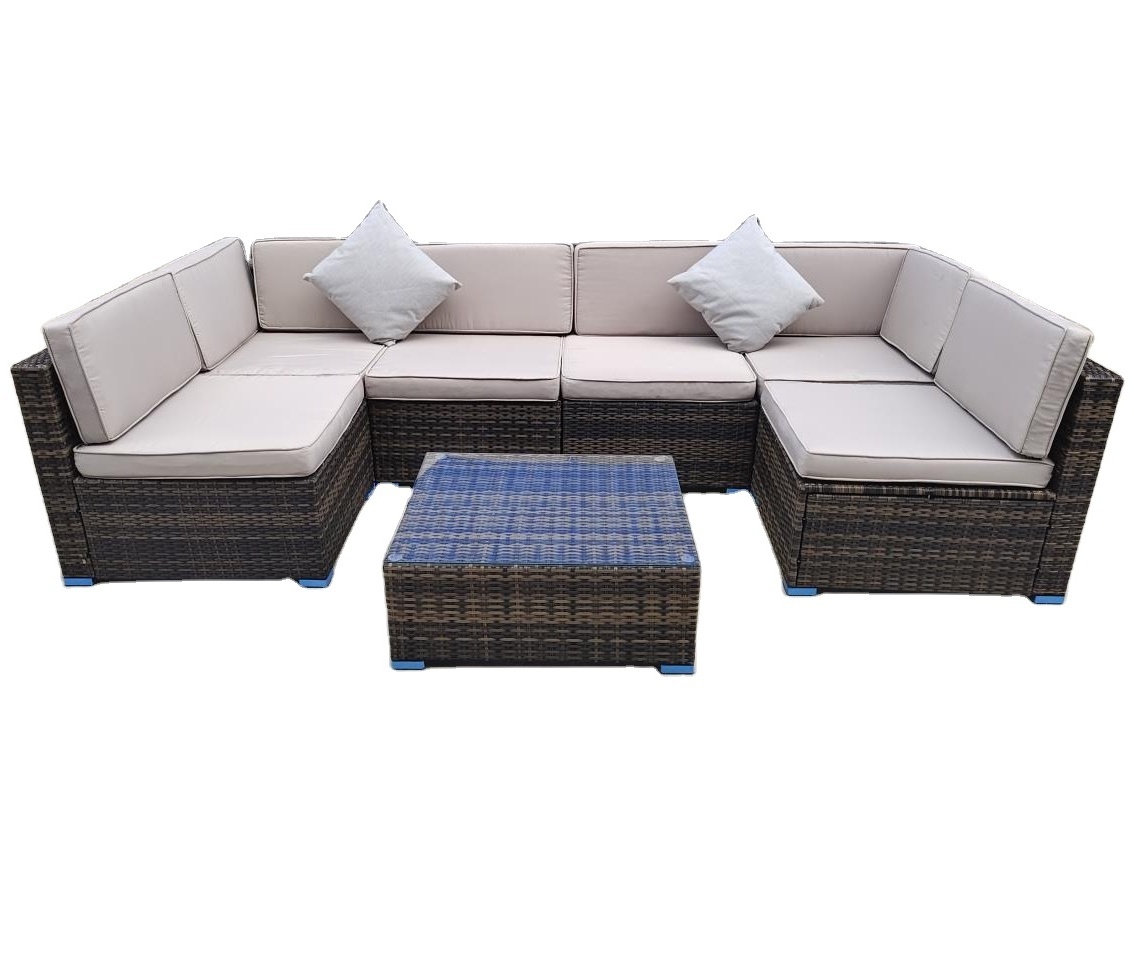 6pcs modern sofa set outdoor garden patio poly rattan wicker furniture sofa with 10cm seat cushion and tea table