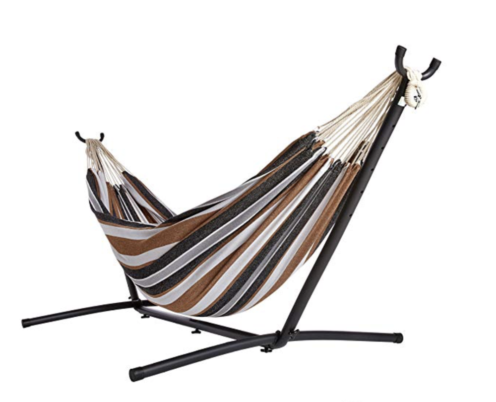 Best selling outdoor metal steel large folding portable double standing hammock chair stand with carry bag 450 pounds capacity