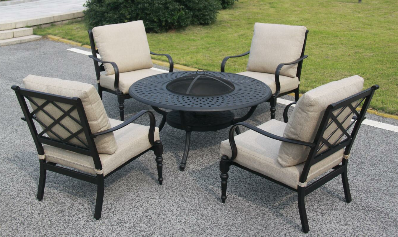 Family Gathering Outdoor Fire Pit Set Steel and Aluminum Chair Ceramic Tile Top 5pcs round Patio Party BBQ Burner Gas Fuel