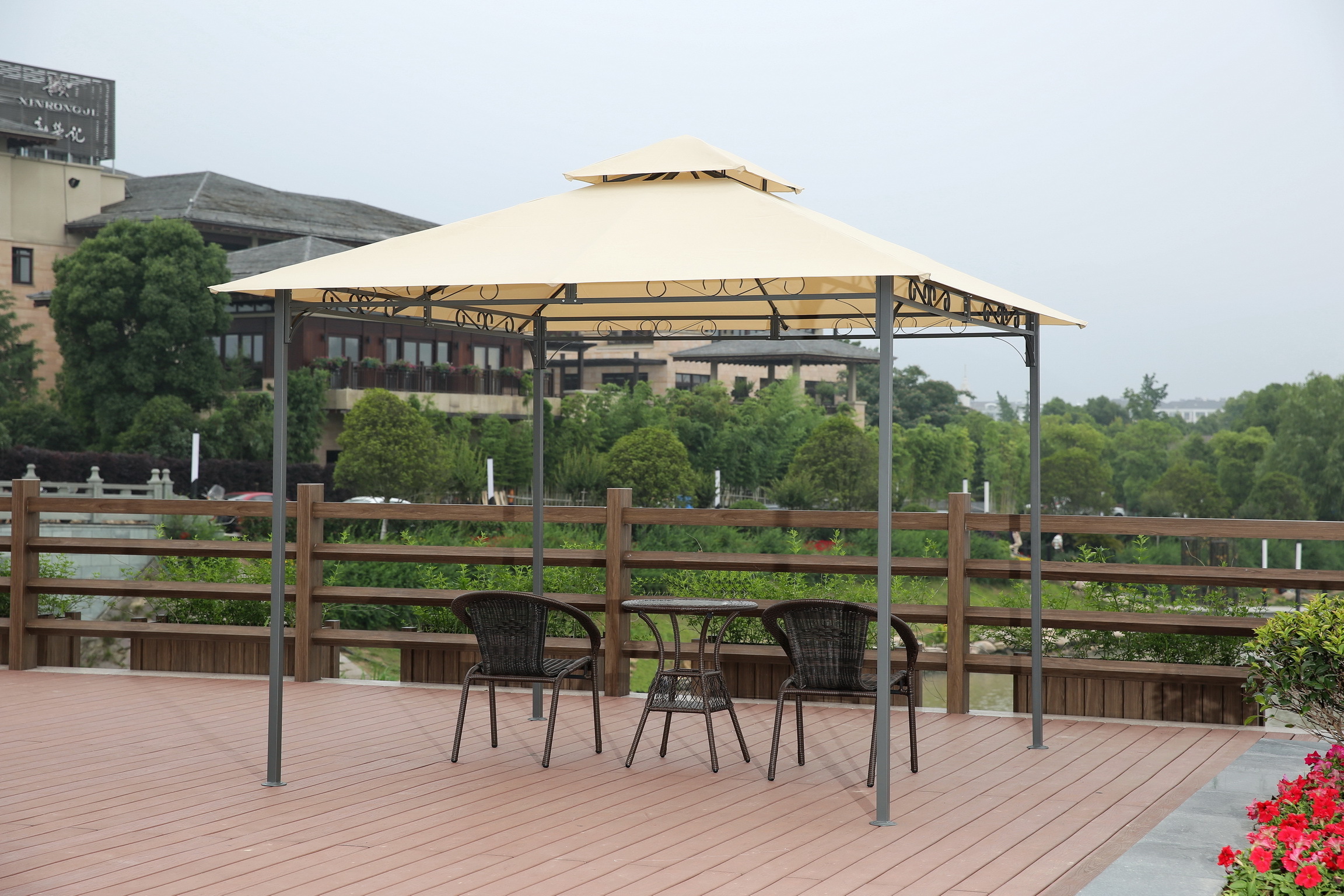 YOHO Outdoor Movable Sunshade PVC Garden Arch Wood and Metal Frame Pergola Aluminum Gazebo for Trade Show Tents