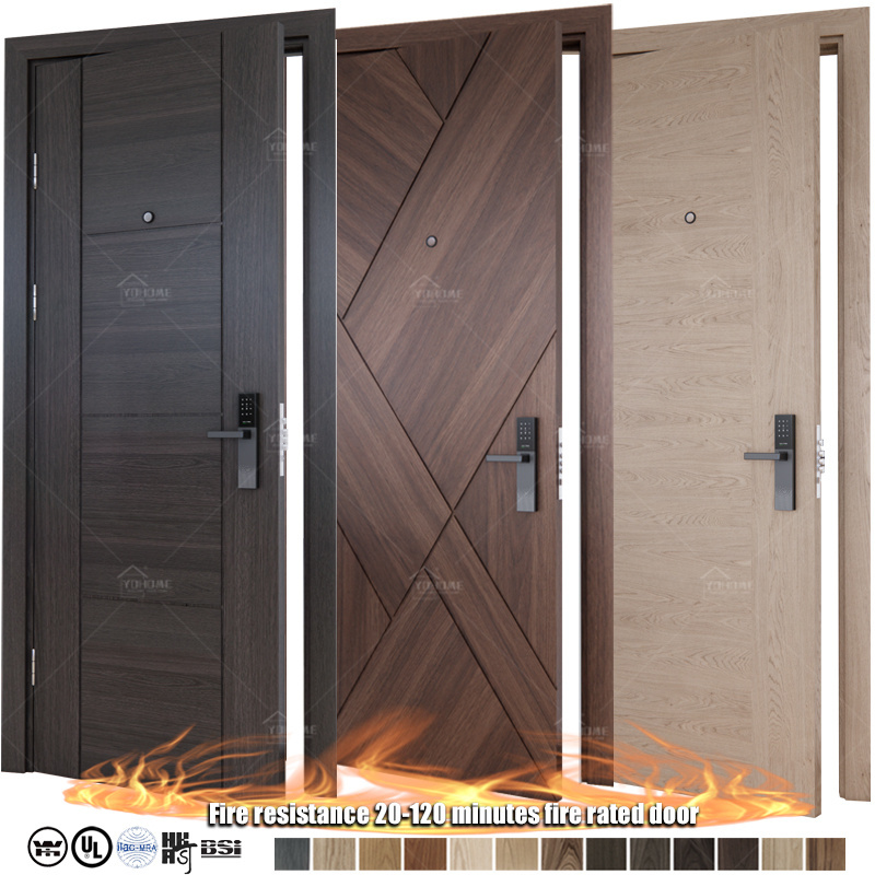 Yohome design fireproof wooden single door designs for hotel modern solid wood door for flat 1hour interior fireproof doors