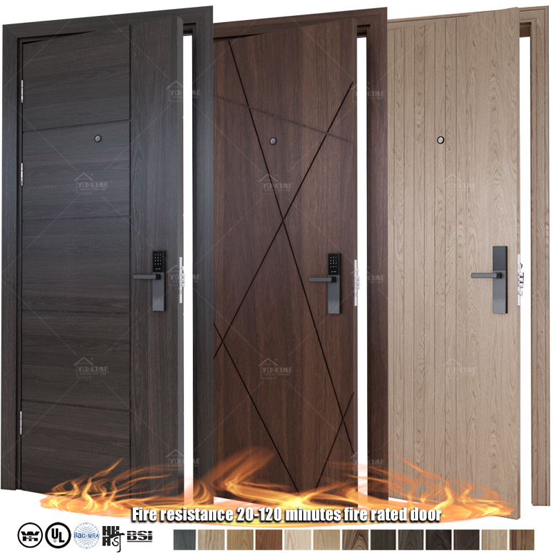 Yohome design fireproof wooden single door designs for hotel modern solid wood door for flat 1hour interior fireproof doors