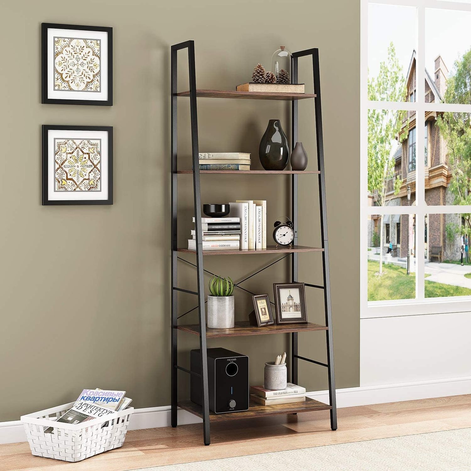 Ladder Shelf Modern Antique Design 5 Tier Metal Wooden Bookcases Folding Decorative