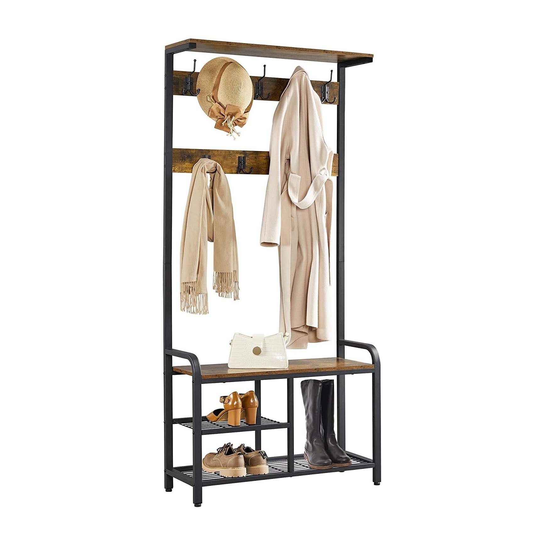 Modern Design easy Assembly At Entrance Large Storage Coat Rack With Shoe Stool