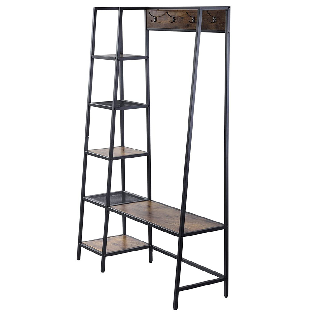 Industrial Metal Frame Entryway Organizer Hall Tree with 5 Side Storage Shelves