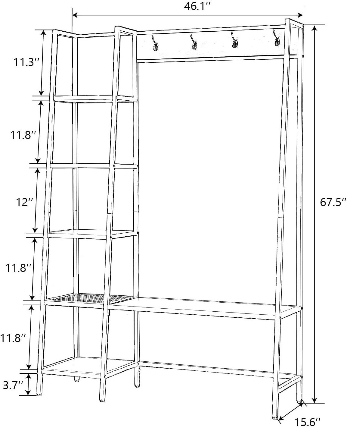 Industrial Metal Frame Entryway Organizer Hall Tree with 5 Side Storage Shelves