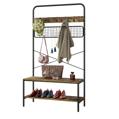 Industrial Entryway Coat Stand Metal Clothes Display Coat Tree Rack Shoe shelves with Clothing Rack