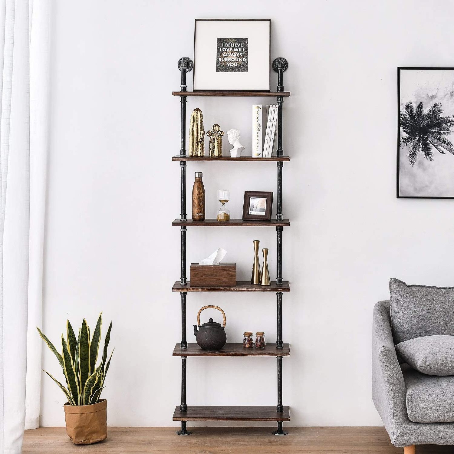 Living room furniture 6 Tier ladder Book shelves Metal Wooden Bookcase