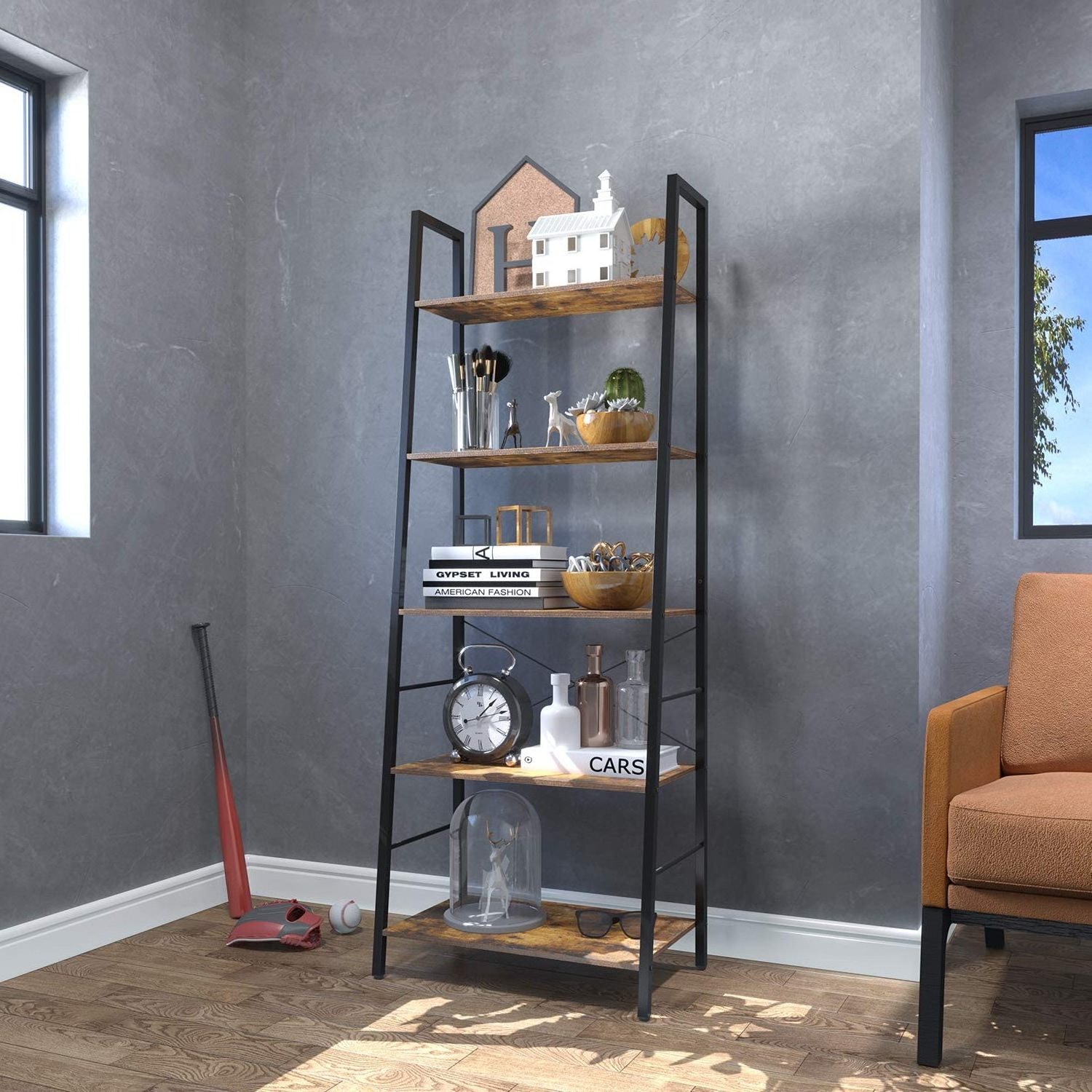 Ladder Shelf Modern Antique Design 5 Tier Metal Wooden Bookcases Folding Decorative