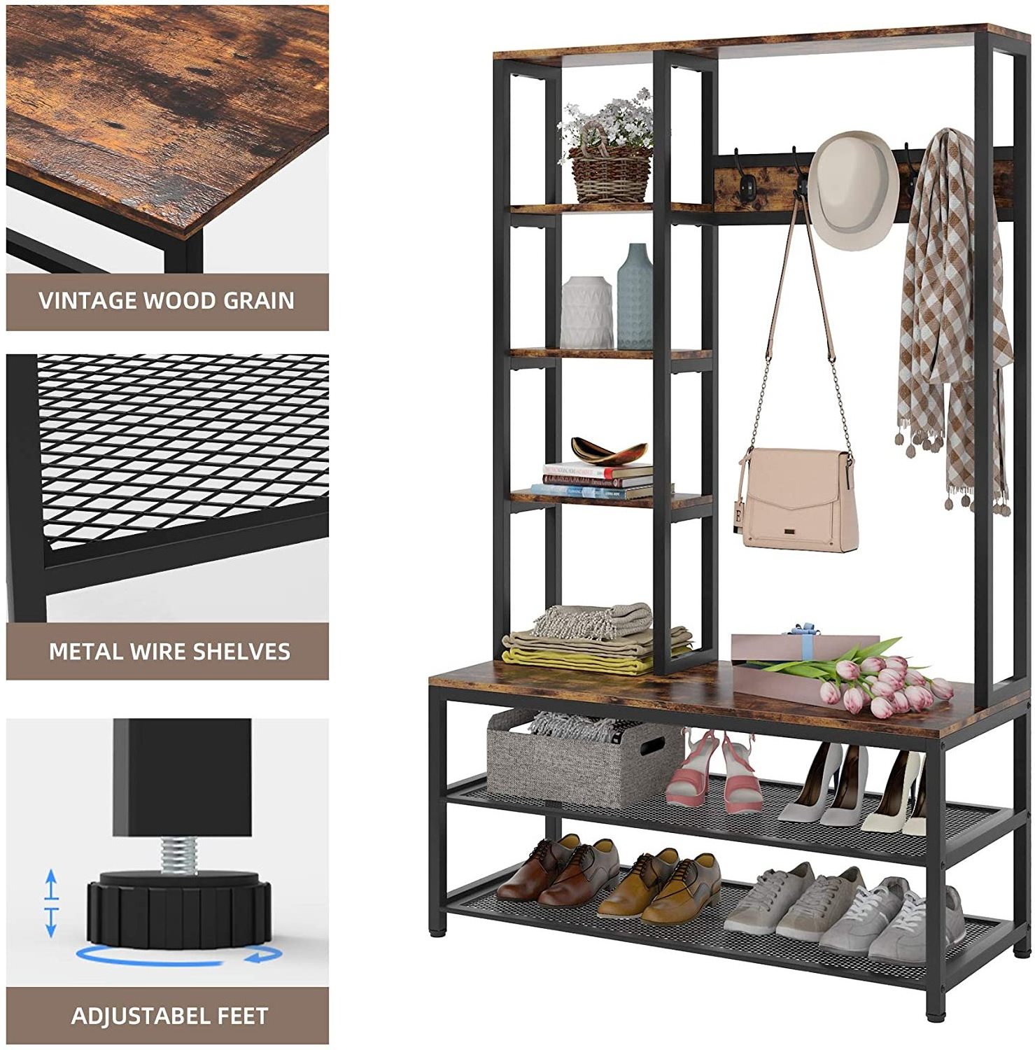 Industrial Wood Look Accent Furniture Metal Wood Metal Coat Rack Shoe Bench Hall Tree with Side Storage Shelves and Shoe Storage