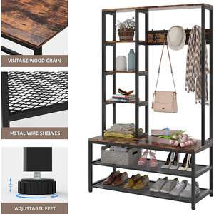 Industrial Wood Look Accent Furniture Metal Wood Metal Coat Rack Shoe Bench Hall Tree with Side Storage Shelves and Shoe Storage