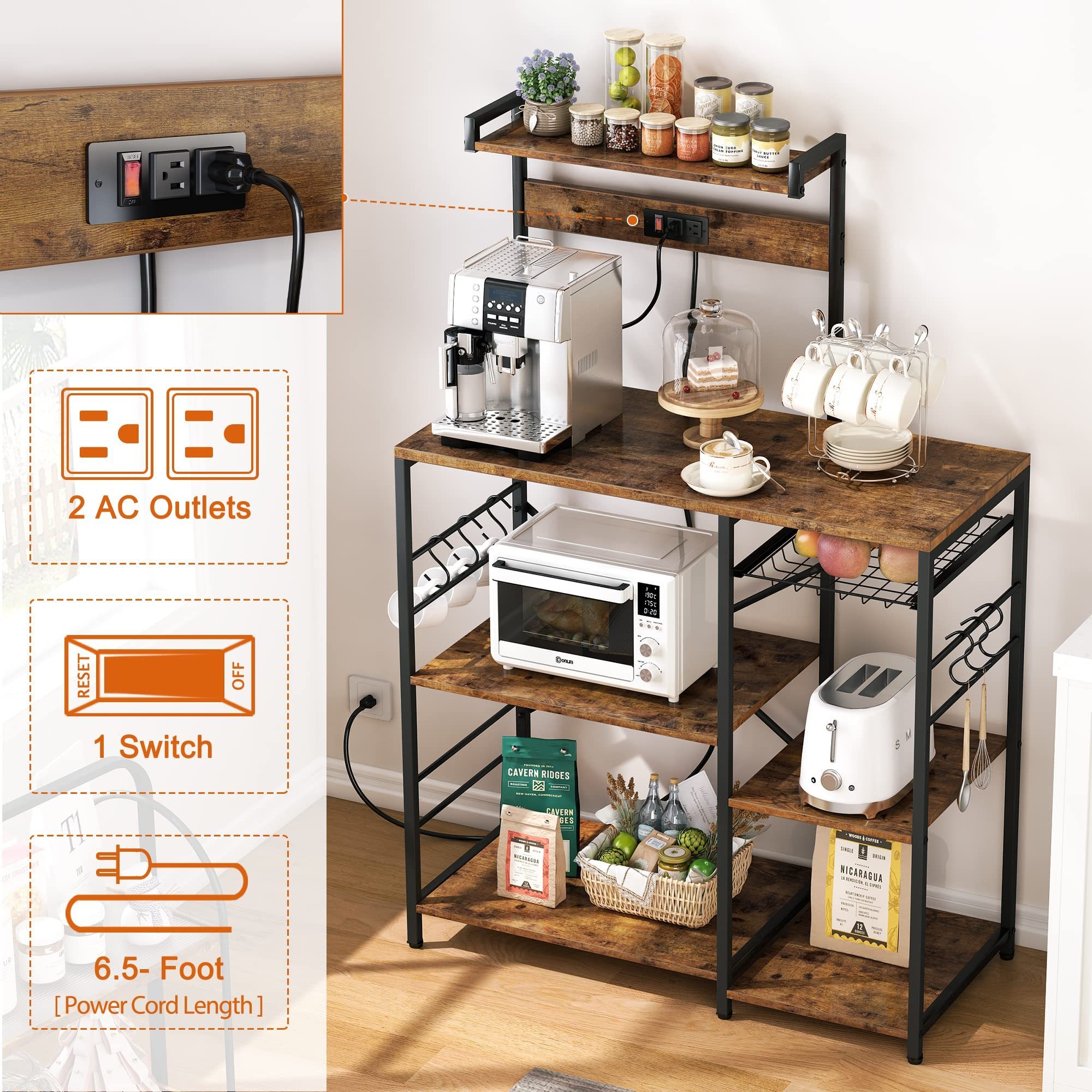 Coat Rack Shoe Bench 3-in-1 Multifunctional Kitchen Wooden Shelf Kitchen Appliance Rack with Power Outlet