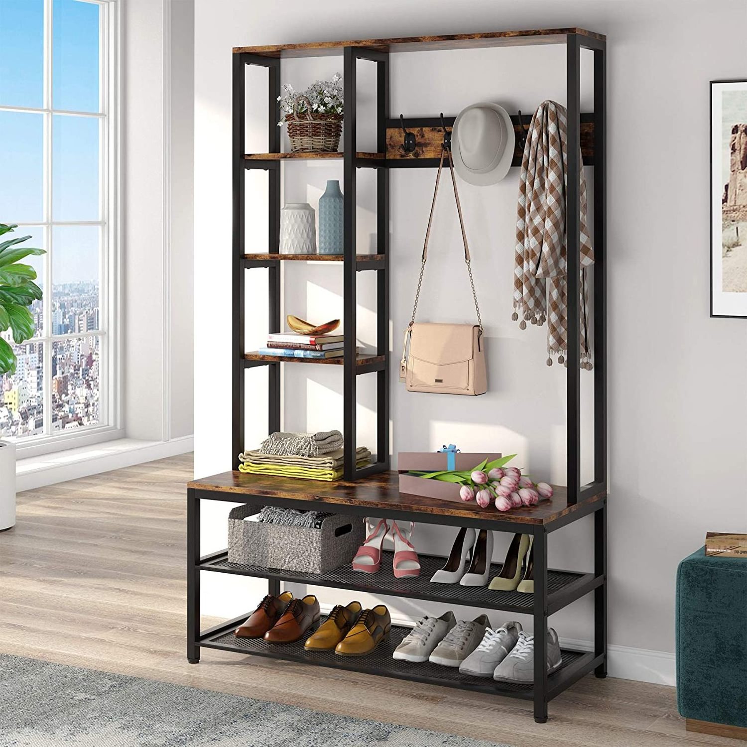 Industrial Wood Look Accent Furniture Metal Wood Metal Coat Rack Shoe Bench Hall Tree with Side Storage Shelves and Shoe Storage