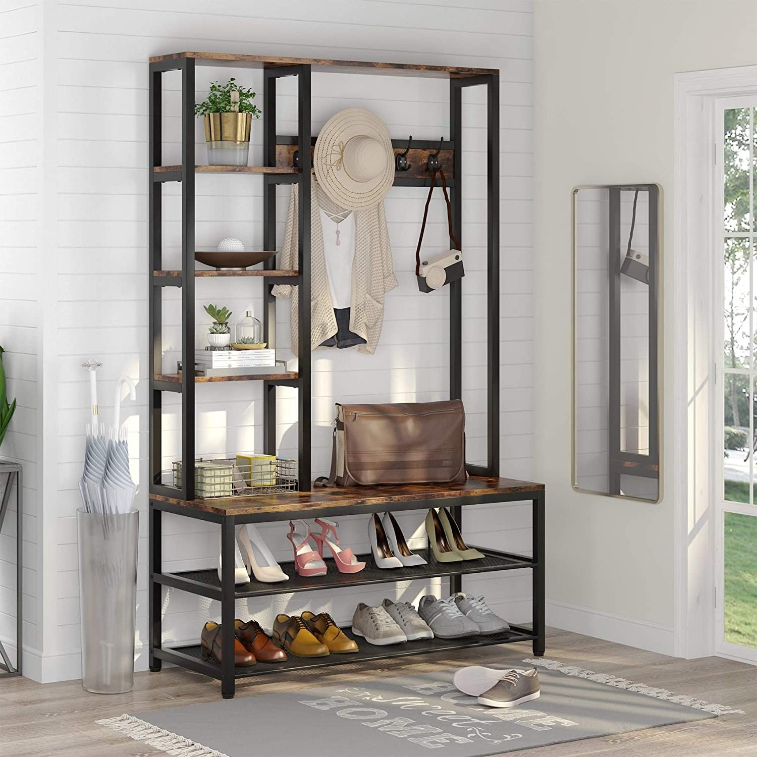 Industrial Wood Look Accent Furniture Metal Wood Metal Coat Rack Shoe Bench Hall Tree with Side Storage Shelves and Shoe Storage