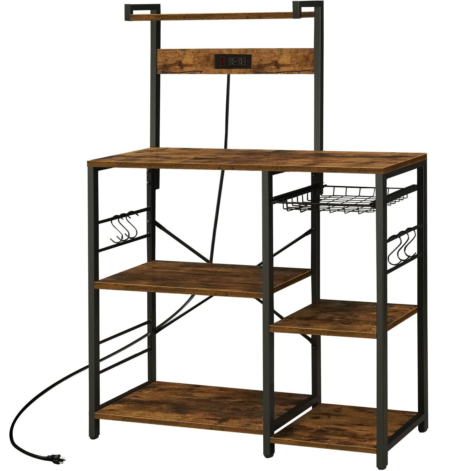 Coat Rack Shoe Bench 3-in-1 Multifunctional Kitchen Wooden Shelf Kitchen Appliance Rack with Power Outlet