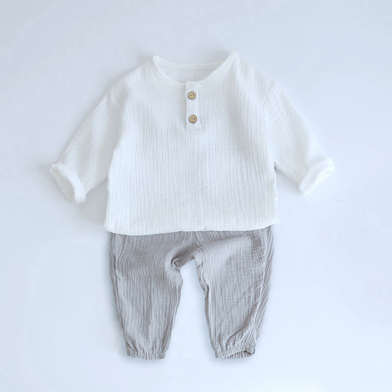 2PCS Autumn Baby Boy Clothes Sets 0-4Y Toddler Kids Muslin Organic Cotton Long Sleeve T-shirt + Loose Pants Children Outfits