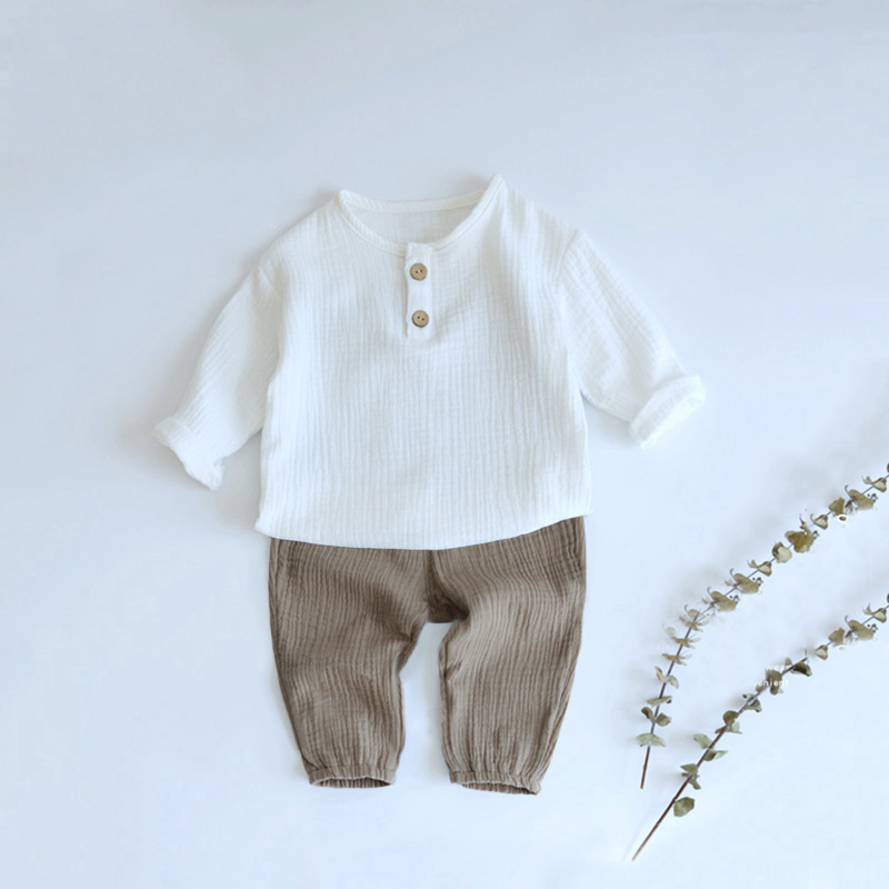 2PCS Autumn Baby Boy Clothes Sets 0-4Y Toddler Kids Muslin Organic Cotton Long Sleeve T-shirt + Loose Pants Children Outfits