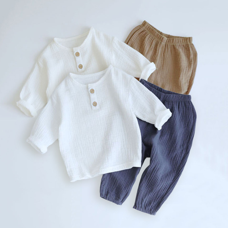 2PCS Autumn Baby Boy Clothes Sets 0-4Y Toddler Kids Muslin Organic Cotton Long Sleeve T-shirt + Loose Pants Children Outfits